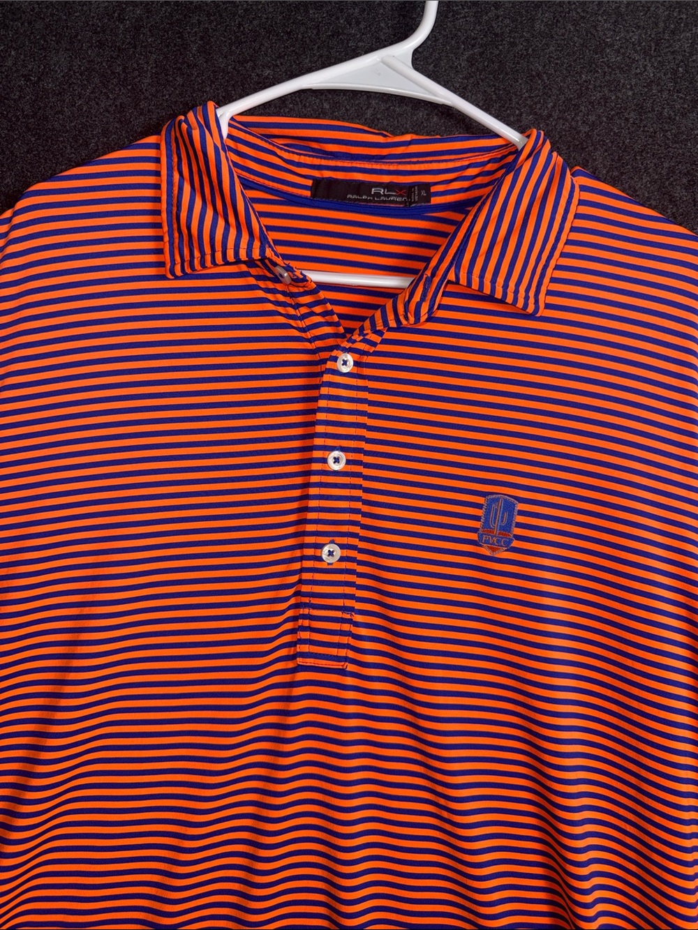 RLX Ralph Lauren Orange and Navy Striped Short-Sleeve Polo